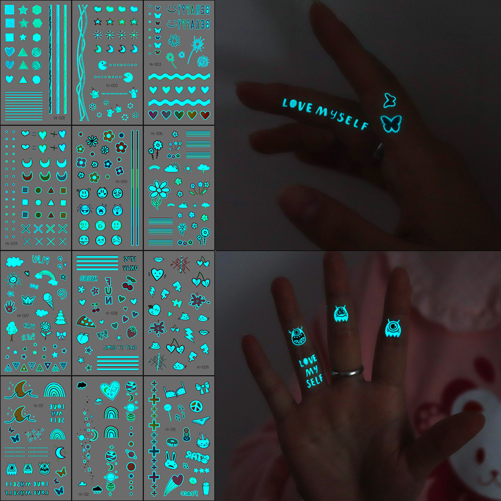 Glow In Dark Stars - 暗闇で光るタトゥーステッカー 12枚 - 夜のパーティー用のUV反応性ボディアート（星/ハート/スマイリー） | 防水性と低刺激性