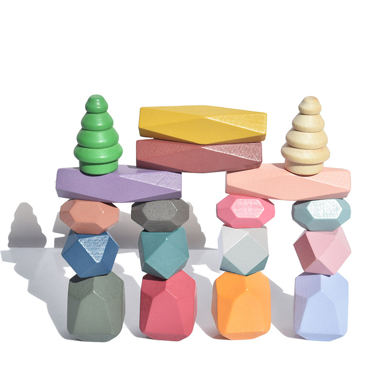 Wooden Blocks Stacking - 18個の木製スタッキングロックビルディングブロック、色付き無垢材の石、就学前教育ゲームおもちゃ、子供、幼児用