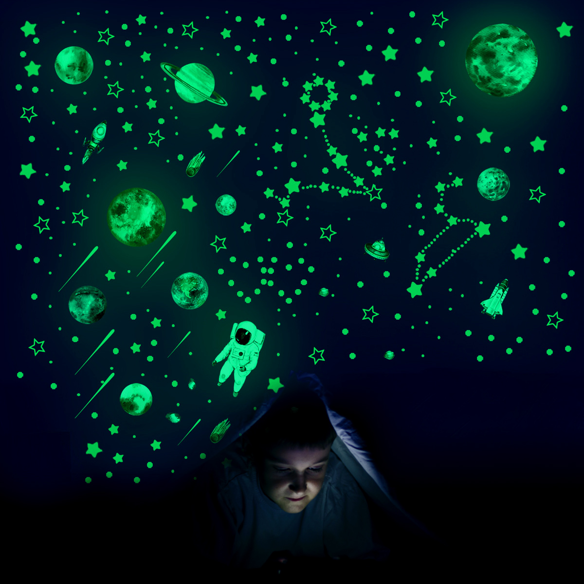 Glow In Dark Stars - 849個入り 暗闇で光る星 ウォールステッカー 天井用光る星 発光惑星 宇宙船