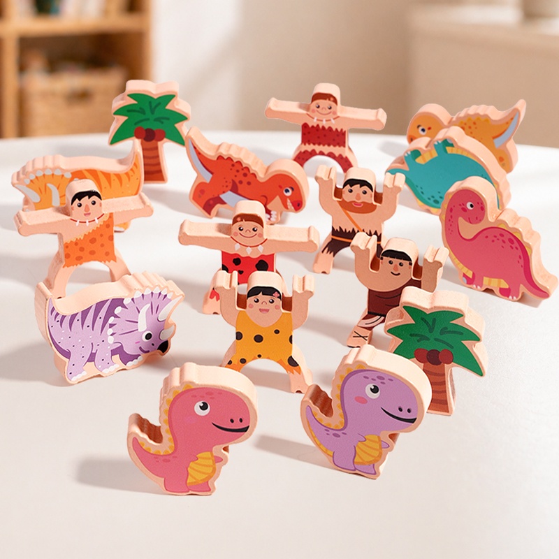 Wooden Blocks Stacking - 原始恐竜バランススタッキングブロック、木製教育玩具、子供向け早期学習パズルゲーム（男の子、女の子向け）