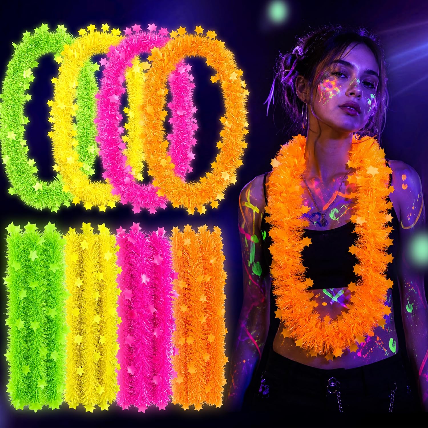 Glow In Dark Stars - 楽しい5つ星フラワーガーランド、暗闇で光るブラックライトネックレス、ネオンデコレーションタッセル、音楽フェスティバル、レイブ、写真撮影用小道具セット