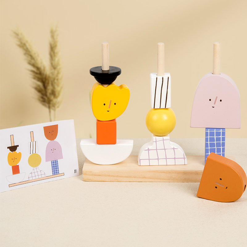 Wooden Blocks Stacking - モンテッソーリ-子供のための3D木製ビーズブロックおもちゃセット,パズルゲーム,創造的なキャラクター