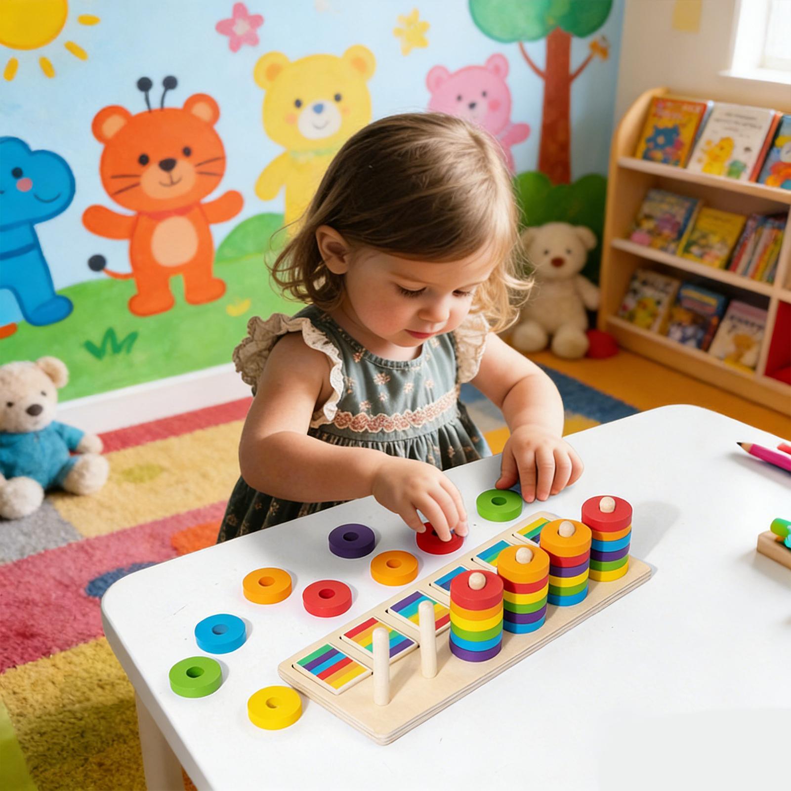 Wooden Blocks Stacking - 木製スタッキングおもちゃ 教育学習ブロック カラーマッチングゲーム 3歳以上の子供向け 就学前 家庭