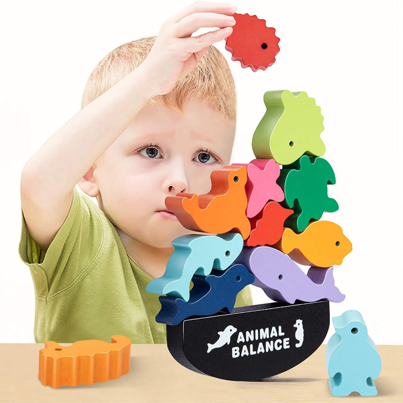 Wooden Blocks Stacking - 新しい子供モンテッソーリ木製動物バランスブロックボードゲームおもちゃ恐竜教育スタッキング高ビルディングブロック木のおもちゃ