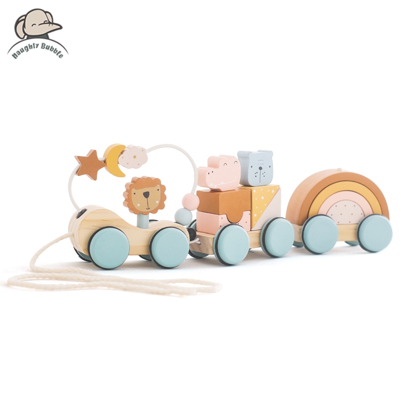 Wooden Blocks Stacking - 木製モンテッソーリおもちゃ動物ブロック列車ビルディングブロックスタッキングおもちゃプッシュとプルトロリー手動ベビーバランスおもちゃギフト