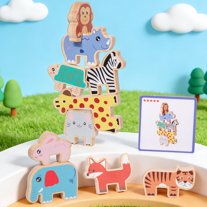 木製動物積み木バランスゲーム モンテッソーリ早期学習玩具 子 - Wooden Blocks Stacking のレビューと価格