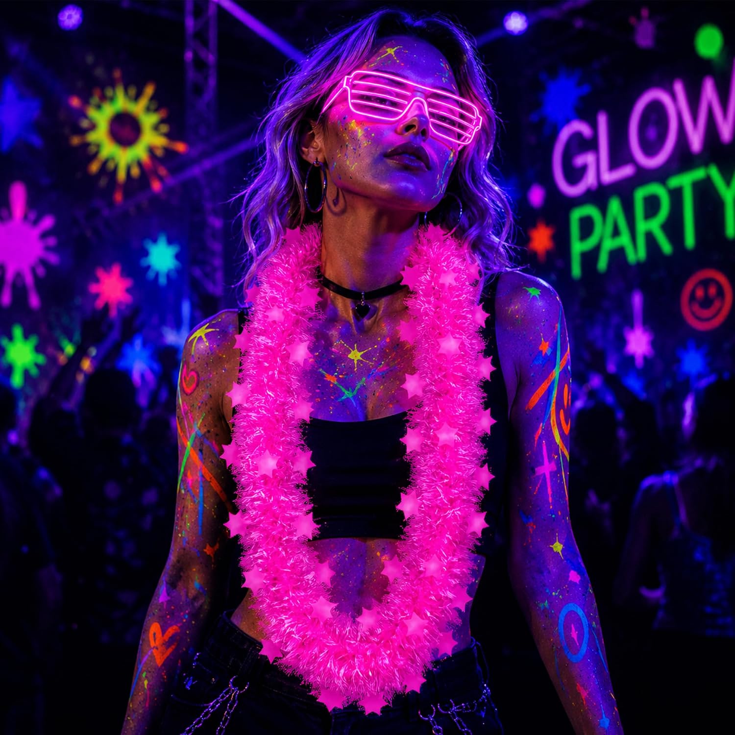 楽しい5つ星フラワーガーランド、暗闇で光るブラックライトネッ - Glow In Dark Stars のレビューと価格