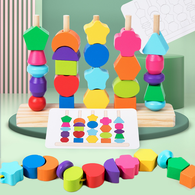 モンテッソーリ木製ビーズシーケンスおもちゃセット、5列積み重 - Wooden Blocks Stacking のレビューと価格